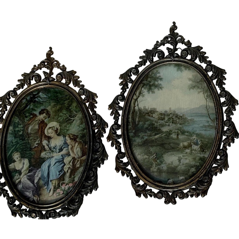 2 vintage Bubble Glass  Italian brass oval ornate frames